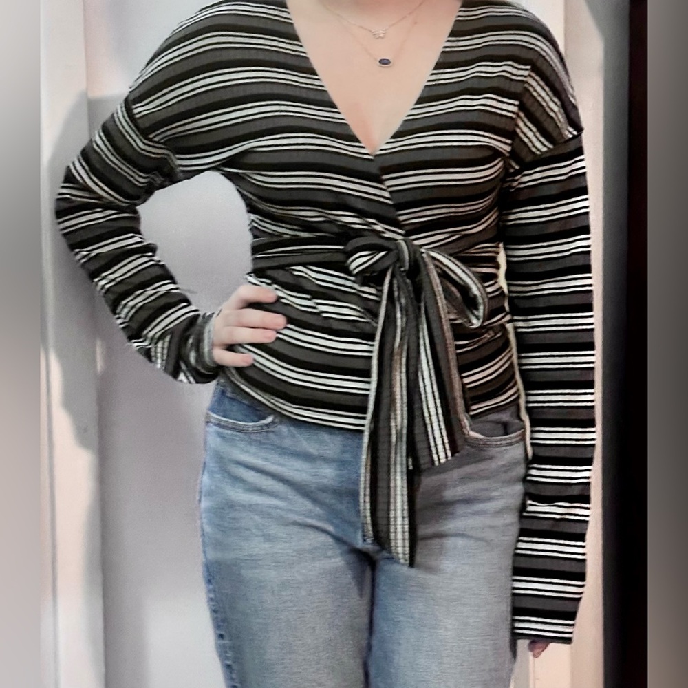 Free People Black White Striped Wrap Tie Front Top XL